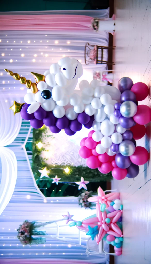 A whimsical balloon sculpture of a unicorn, made from a combination of white, pink, and purple balloons, stands as a focal point for a magical themed party. The unicorn is adorned with a shimmering golden horn and hooves, and it's surrounded by smaller balloon creations like stars and rainbows, adding to the fantasy theme. This setup is perfect for a child's birthday party or any event where imagination and wonder are celebrated. The background is a room decorated with streamers and fairy lights, enhancing the enchanting atmosphere.