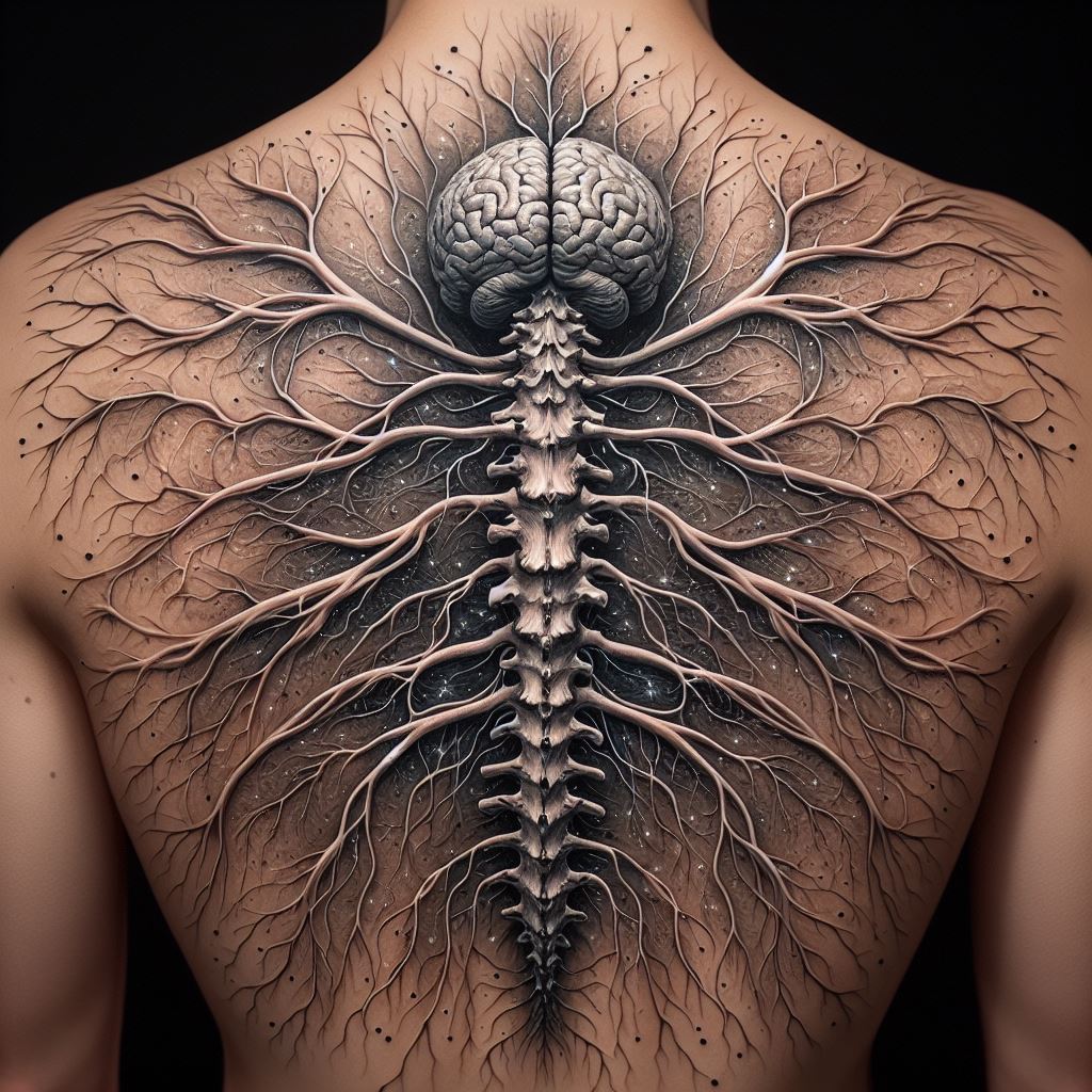 An intricate back tattoo featuring a detailed depiction of the human nervous system, with the spinal column at the center and nerves branching out across the back. The design is both artistic and anatomical, with the nerves rendered in a way that resembles delicate filigree. The tattoo serves as a tribute to the complexity and beauty of the human body, combining elements of science and art in a stunning visual representation.