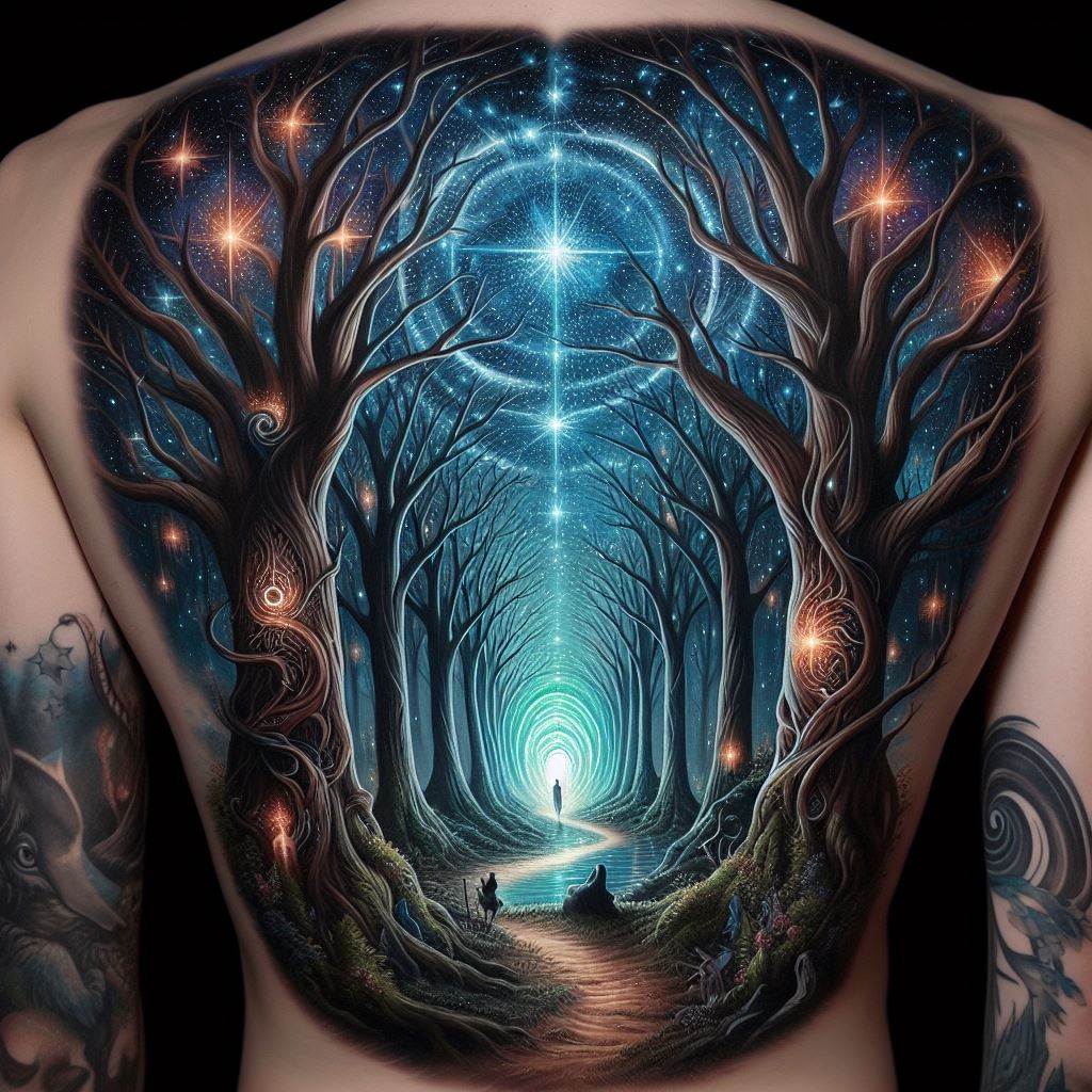 A mystical back tattoo depicting an enchanted forest at night, with a path leading to a glowing, magical portal in the center. The trees are tall and imposing, their branches forming intricate patterns against the starlit sky. Creatures of folklore, such as fairies and unicorns, are hidden within the scene, adding elements of wonder and mystery. The portal glows with iridescent colors, inviting the viewer to imagine the worlds that lie beyond.