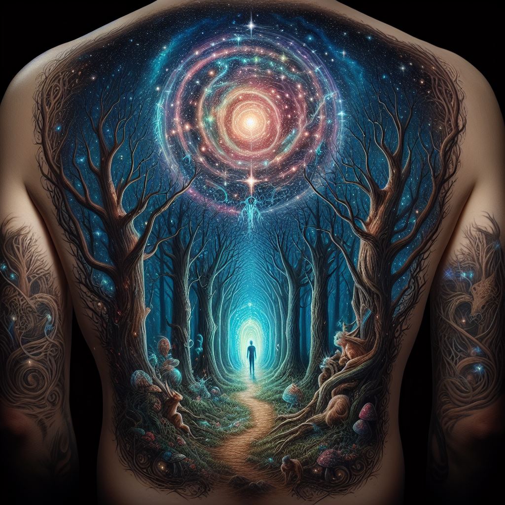 A mystical back tattoo depicting an enchanted forest at night, with a path leading to a glowing, magical portal in the center. The trees are tall and imposing, their branches forming intricate patterns against the starlit sky. Creatures of folklore, such as fairies and unicorns, are hidden within the scene, adding elements of wonder and mystery. The portal glows with iridescent colors, inviting the viewer to imagine the worlds that lie beyond.
