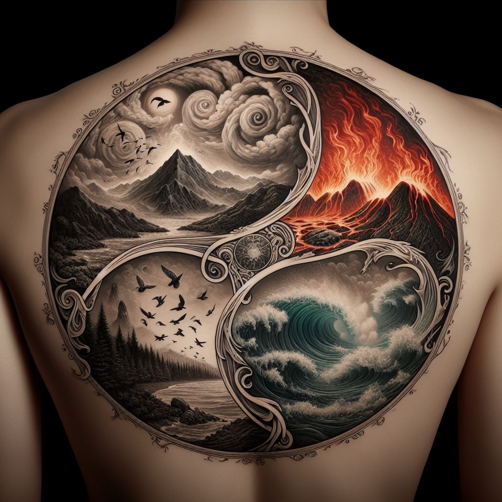 A dramatic and evocative back tattoo depicting the four elements—earth, air, fire, and water—interwoven in a circular design that covers the entire back. Each element is represented in a corner of the circle: mountains and forests for earth, swirling clouds and birds for air, flames and volcanic rock for fire, and waves and sea creatures for water. The elements are connected by flowing lines and patterns, symbolizing their interdependence and the balance of nature.