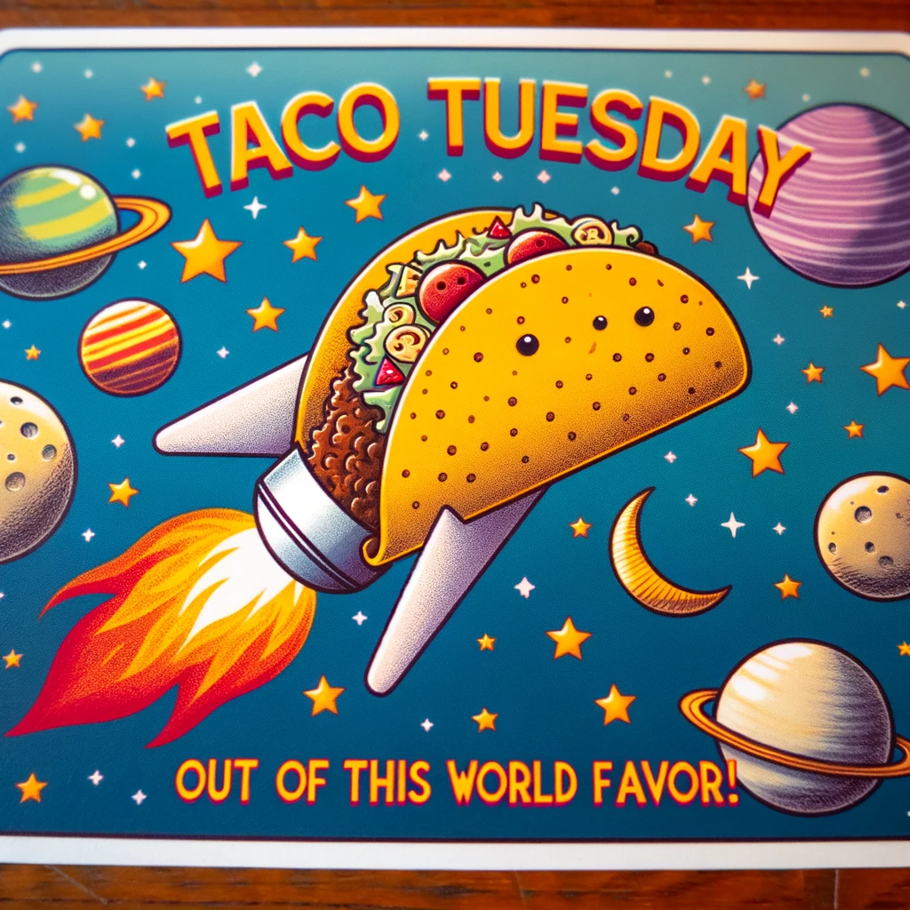 A whimsical image of a taco flying through space, surrounded by planets and stars. The taco has rocket flames coming out of the back, suggesting it's zooming through the galaxy. A funny caption at the bottom reads, "Taco Tuesday: Out of this world flavor!"