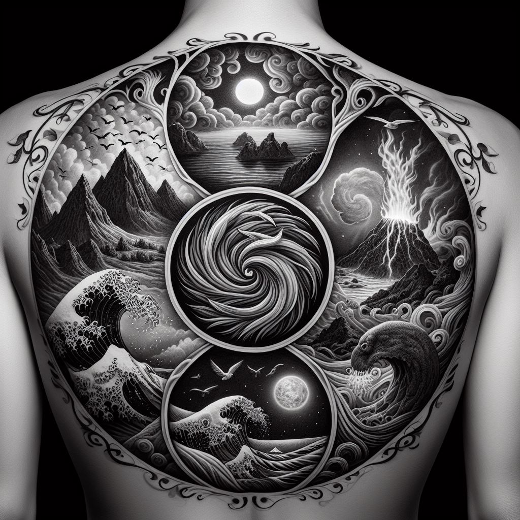 A dramatic and evocative back tattoo depicting the four elements—earth, air, fire, and water—interwoven in a circular design that covers the entire back. Each element is represented in a corner of the circle: mountains and forests for earth, swirling clouds and birds for air, flames and volcanic rock for fire, and waves and sea creatures for water. The elements are connected by flowing lines and patterns, symbolizing their interdependence and the balance of nature.