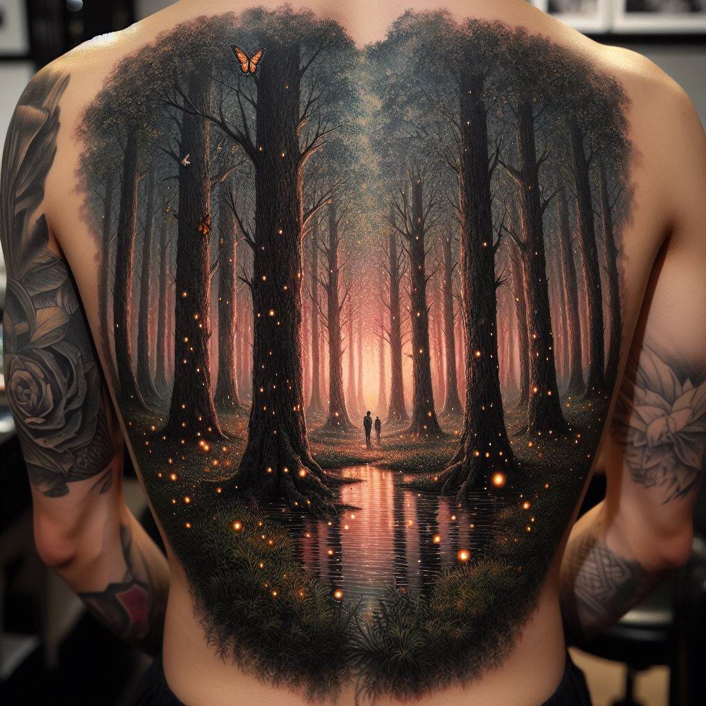 A detailed tattoo on the back depicting a serene forest scene at twilight. The tattoo spans from the shoulders down to the lower back, featuring towering trees with textured bark and leaves, creating a canopy overhead. Fireflies illuminate the scene, adding dots of light among the foliage. A small, clear stream flows through the center of the forest, reflecting the fading light of the setting sun.