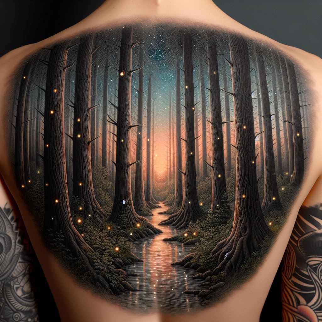 A detailed tattoo on the back depicting a serene forest scene at twilight. The tattoo spans from the shoulders down to the lower back, featuring towering trees with textured bark and leaves, creating a canopy overhead. Fireflies illuminate the scene, adding dots of light among the foliage. A small, clear stream flows through the center of the forest, reflecting the fading light of the setting sun.