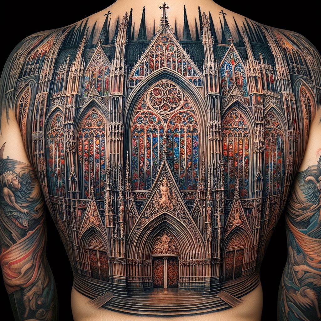 An ornate, Gothic-style tattoo covering the entire back, featuring a cathedral's intricate facade. The tattoo showcases the detailed architecture of the cathedral, including flying buttresses, pointed arches, and stained glass windows depicted in vibrant colors. The design includes gothic elements such as gargoyles and religious icons, creating a sense of depth and historical significance.