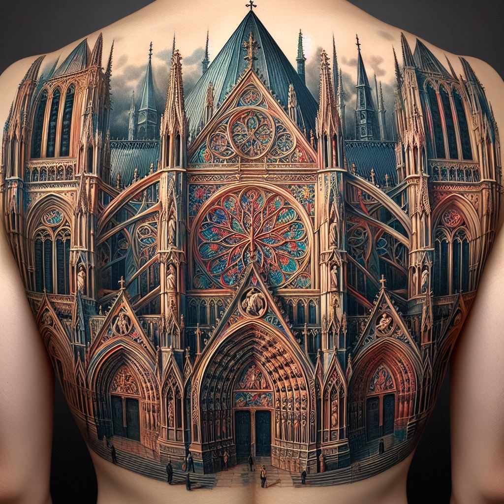 An ornate, Gothic-style tattoo covering the entire back, featuring a cathedral's intricate facade. The tattoo showcases the detailed architecture of the cathedral, including flying buttresses, pointed arches, and stained glass windows depicted in vibrant colors. The design includes gothic elements such as gargoyles and religious icons, creating a sense of depth and historical significance.