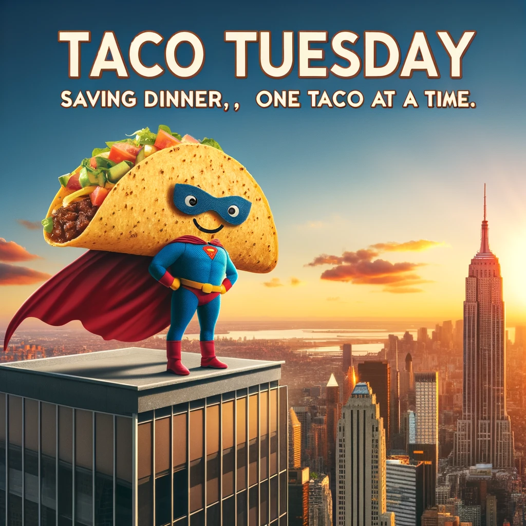 A funny image of a taco wearing a superhero cape, standing heroically on top of a skyscraper at sunset. The city skyline stretches out in the background. A bold caption reads, "Taco Tuesday to the rescue! Saving dinner, one taco at a time."