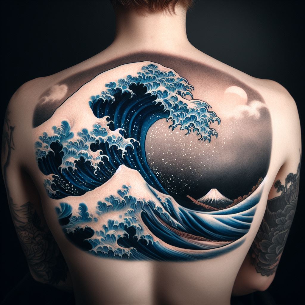 A back tattoo inspired by the art of Hokusai, specifically focusing on 'The Great Wave off Kanagawa.' The wave dominates the upper half of the back, with foam-tipped crests and deep blue hues. Below the wave, a serene Mount Fuji is visible in the distance, providing a stark contrast to the wild sea. The tattoo is rendered in the traditional Japanese ukiyo-e style, with attention to the flow and movement of water.