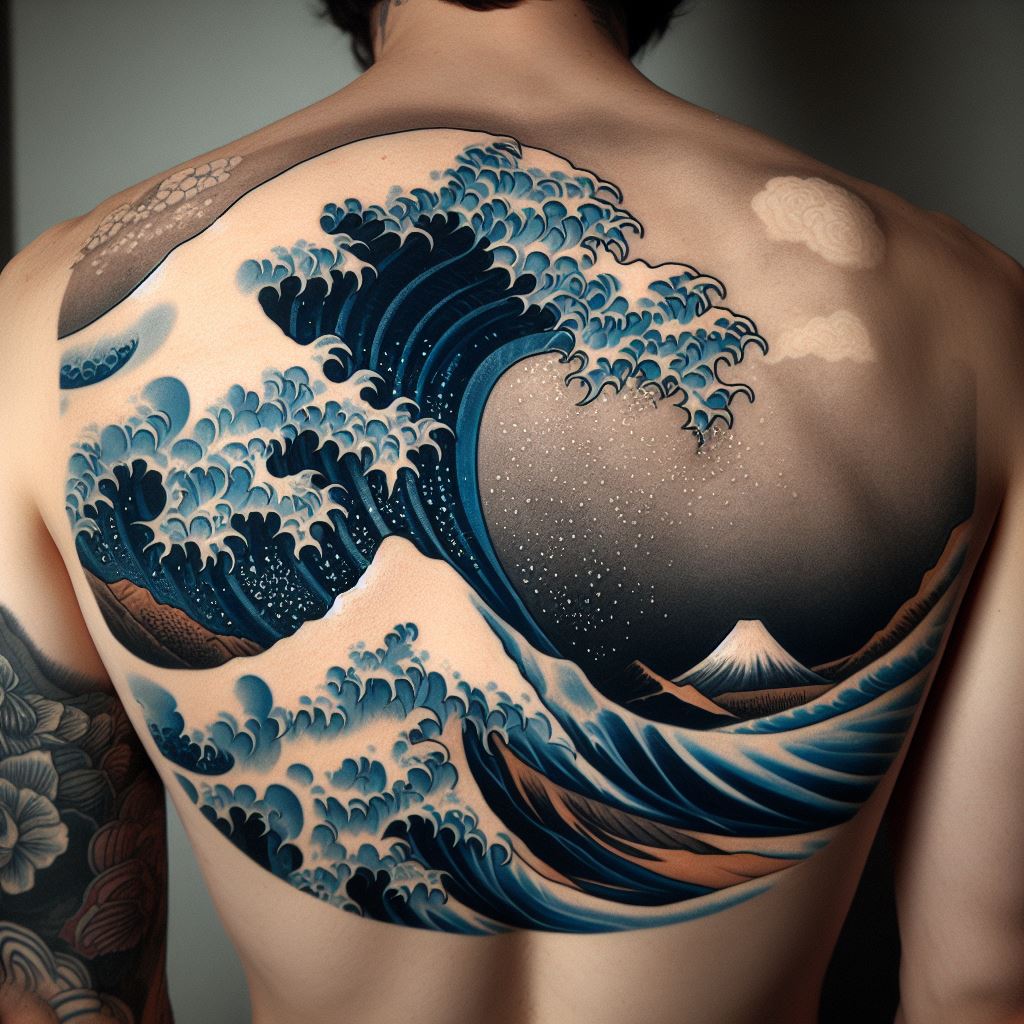 A back tattoo inspired by the art of Hokusai, specifically focusing on 'The Great Wave off Kanagawa.' The wave dominates the upper half of the back, with foam-tipped crests and deep blue hues. Below the wave, a serene Mount Fuji is visible in the distance, providing a stark contrast to the wild sea. The tattoo is rendered in the traditional Japanese ukiyo-e style, with attention to the flow and movement of water.