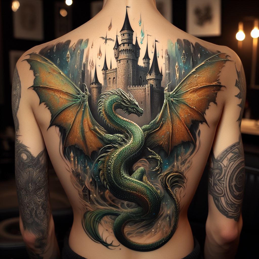 A fantasy-themed tattoo covering the back, featuring a dragon curled around a medieval castle. The dragon's scales shimmer in shades of green and gold, with wings outstretched to cover the shoulders. The castle is depicted in stone-gray tones, with high towers and fluttering banners. Magical elements, such as floating crystals and mystical runes, are scattered throughout the scene, adding to the enchantment.