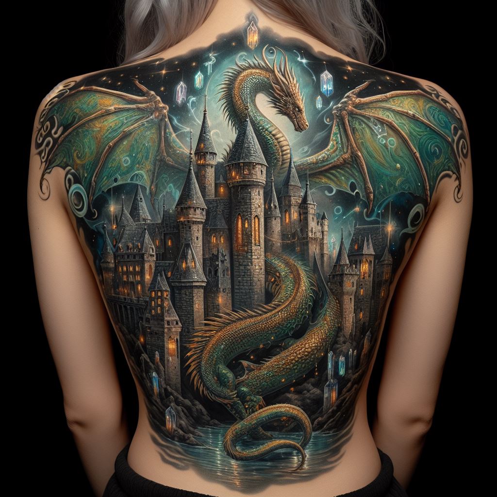 A fantasy-themed tattoo covering the back, featuring a dragon curled around a medieval castle. The dragon's scales shimmer in shades of green and gold, with wings outstretched to cover the shoulders. The castle is depicted in stone-gray tones, with high towers and fluttering banners. Magical elements, such as floating crystals and mystical runes, are scattered throughout the scene, adding to the enchantment.