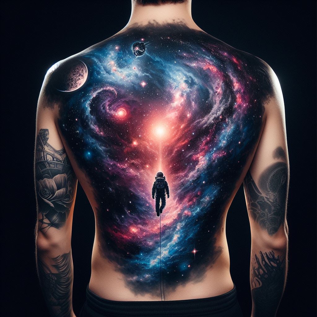 A back tattoo that captures the essence of a cosmic galaxy, with swirling nebulas, twinkling stars, and distant planets. The colors blend from deep purples and blues to vibrant pinks and oranges, creating a sense of infinite depth. A silhouette of a lone astronaut floats in the foreground, tethered to a spacecraft by a thin line, emphasizing the vastness of the universe.