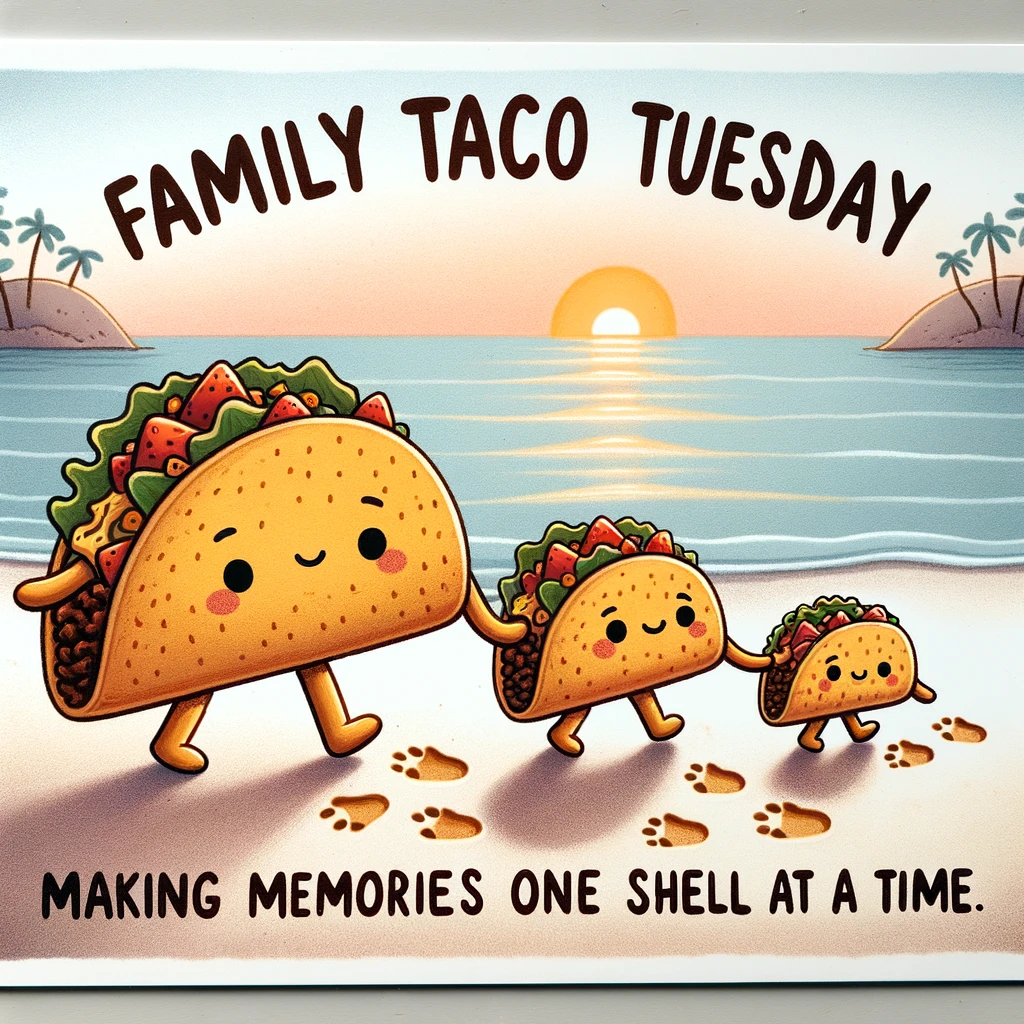 A charming illustration of a family of tacos, with the parents and two little taco kids, walking paw-in-paw along a beach at sunset. They are leaving little taco shell imprints in the sand. A caption reads, "Family Taco Tuesday: Making memories one shell at a time."