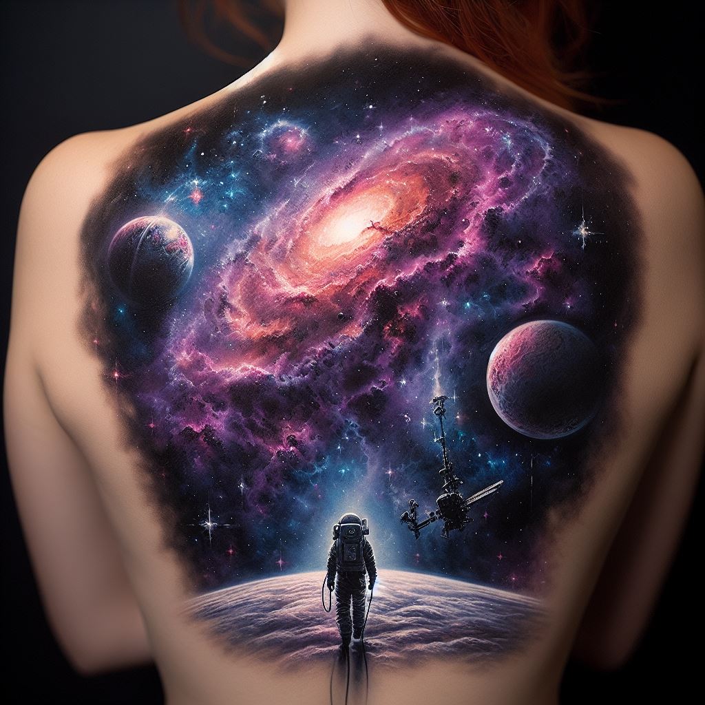 A back tattoo that captures the essence of a cosmic galaxy, with swirling nebulas, twinkling stars, and distant planets. The colors blend from deep purples and blues to vibrant pinks and oranges, creating a sense of infinite depth. A silhouette of a lone astronaut floats in the foreground, tethered to a spacecraft by a thin line, emphasizing the vastness of the universe.