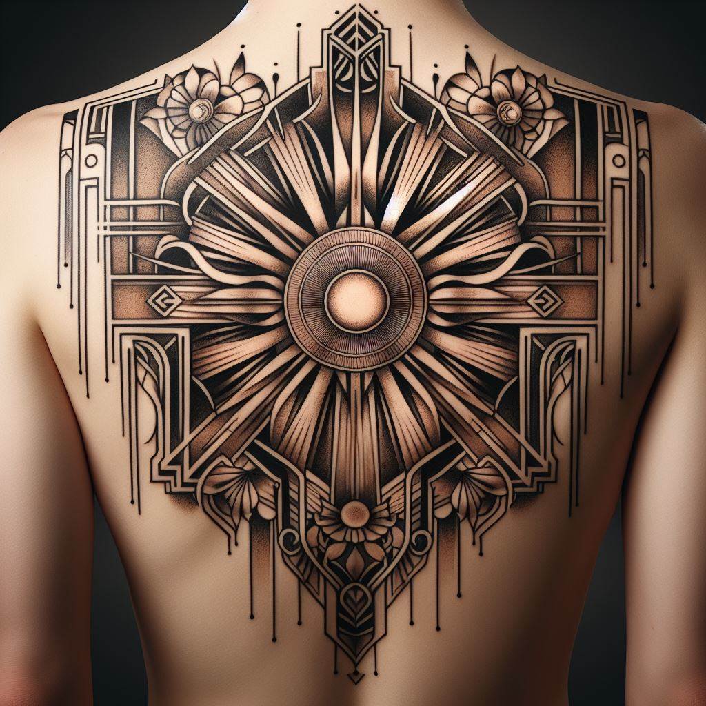An art deco-inspired tattoo on the back, featuring geometric shapes and symmetrical designs typical of the era. The centerpiece is a stylized image of the sun, with rays extending outward in bold lines and patterns. The background includes elements of nature, such as stylized flowers and leaves, rendered in a limited color palette that emphasizes the design's elegance and simplicity.