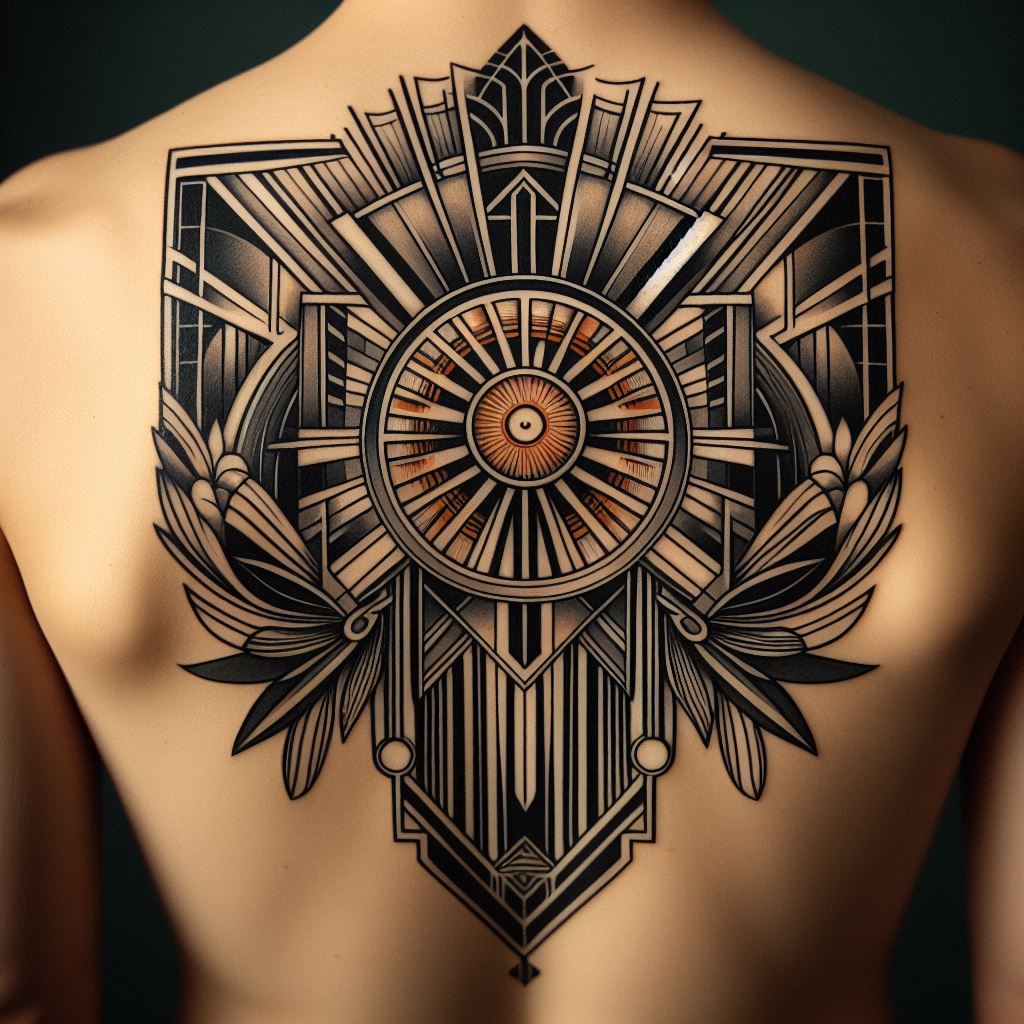 An art deco-inspired tattoo on the back, featuring geometric shapes and symmetrical designs typical of the era. The centerpiece is a stylized image of the sun, with rays extending outward in bold lines and patterns. The background includes elements of nature, such as stylized flowers and leaves, rendered in a limited color palette that emphasizes the design's elegance and simplicity.