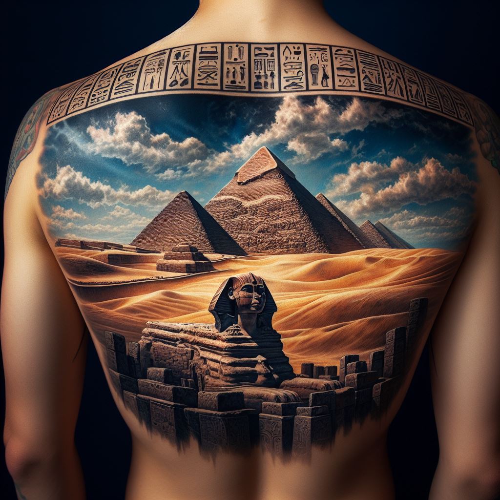 A tattoo covering the back with a panoramic view of an ancient Egyptian landscape, featuring the Pyramids of Giza and the Sphinx. The scene is set against a backdrop of a golden desert under a clear blue sky. Hieroglyphics border the top and bottom of the tattoo, adding an authentic touch to the depiction. The design is detailed, with attention given to the textures of the sand and the stone monuments.