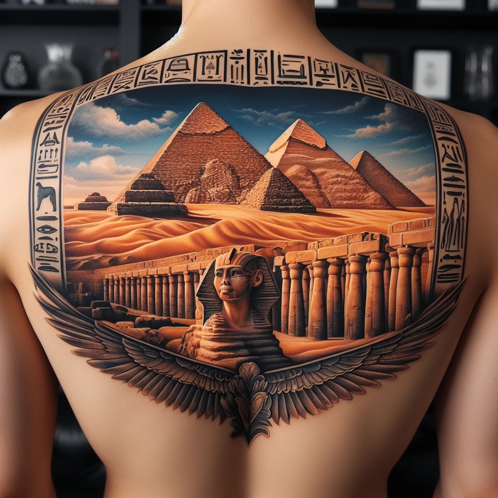 A tattoo covering the back with a panoramic view of an ancient Egyptian landscape, featuring the Pyramids of Giza and the Sphinx. The scene is set against a backdrop of a golden desert under a clear blue sky. Hieroglyphics border the top and bottom of the tattoo, adding an authentic touch to the depiction. The design is detailed, with attention given to the textures of the sand and the stone monuments.