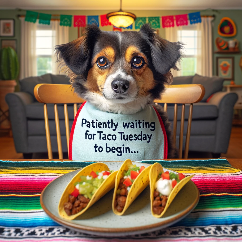 A cute image of a dog sitting at a table, wearing a bib and staring intently at a plate of tacos in front of it. The room is decorated with festive Mexican motifs. A caption reads, "Patiently waiting for Taco Tuesday to begin..."