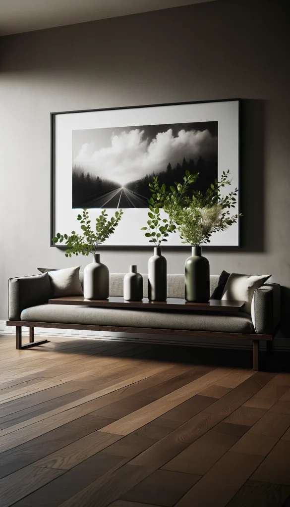 A sophisticated living room featuring a long, narrow sofa table against the wall, decorated with a trio of tall, slender vases containing fresh greenery. The table is made of dark, polished wood, and sits under a large, framed black and white photograph hanging on the wall above. The vases are evenly spaced along the length of the table, providing a balance of natural color against the dark wood and monochrome art. The space around the vases is kept minimal to not clutter the table, emphasizing a clean, modern aesthetic.