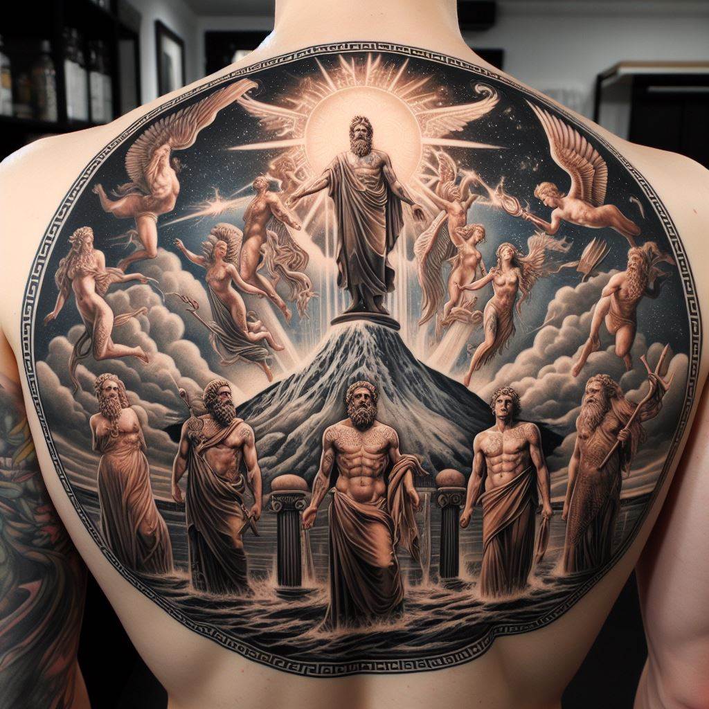 A back tattoo depicting a detailed scene from Greek mythology, featuring the Twelve Olympian gods standing atop Mount Olympus. Each god is represented with their unique attributes, such as Zeus with his lightning bolt and Athena with her owl. The background showcases the heavens above and the world below, illustrating the gods' dominion over the earth and sky. The tattoo is rendered in a classical style, paying homage to ancient Greek art.