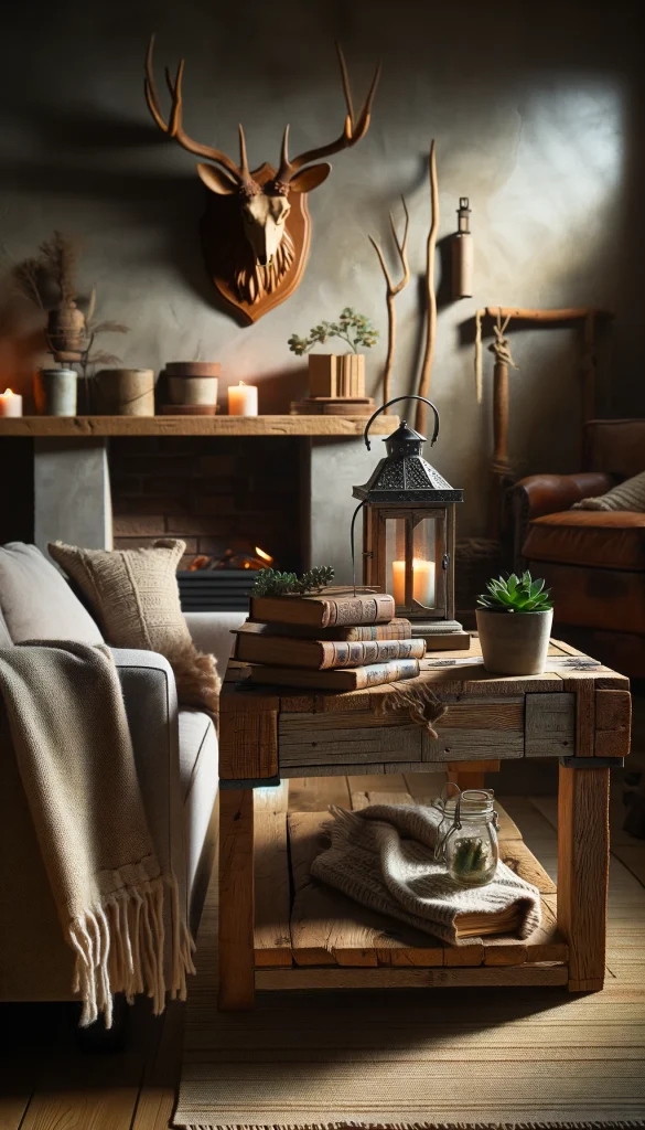 A cozy, rustic-themed living room, showcasing a sofa table made of reclaimed wood. The table is adorned with a small, antique-style lantern, a stack of old, leather-bound books, and a small, potted succulent. A soft, woven blanket is draped over one corner of the table, adding a touch of warmth and texture. The backdrop features a stone fireplace and a mounted wooden deer head, enhancing the rustic charm. The lighting is soft and warm, creating a welcoming and comfortable atmosphere.