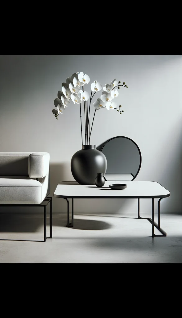 A minimalist design featuring a sleek, white sofa table positioned against a light gray wall. The table hosts a single, large geometric vase in a matte black finish, holding a few delicate white orchids. Beside the vase, there's a small, round mirror with a thin, black frame, leaning against the wall. The simplicity of the setup is its charm, with the orchids providing a soft contrast to the sharp lines of the table and vase. The scene is illuminated by natural light coming from a nearby window, casting gentle shadows and enhancing the serene, uncluttered vibe.