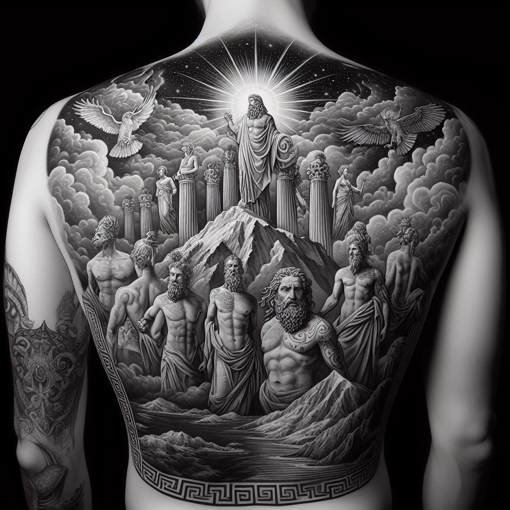 A back tattoo depicting a detailed scene from Greek mythology, featuring the Twelve Olympian gods standing atop Mount Olympus. Each god is represented with their unique attributes, such as Zeus with his lightning bolt and Athena with her owl. The background showcases the heavens above and the world below, illustrating the gods' dominion over the earth and sky. The tattoo is rendered in a classical style, paying homage to ancient Greek art.