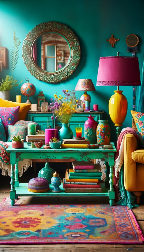 A vibrant, eclectic living room with a colorful sofa table against a bright turquoise wall. The table is an upcycled piece, painted in a rich teal, adorned with various colorful decorative items including a bright yellow lamp, a small fuchsia vase with wildflowers, and a stack of vintage, colorful books. A large, round, ornate mirror hangs on the wall above the table, reflecting the room's lively atmosphere. A patterned rug on the floor and assorted throw pillows on the nearby sofa add to the eclectic mix of colors and textures, creating a lively and inviting space.