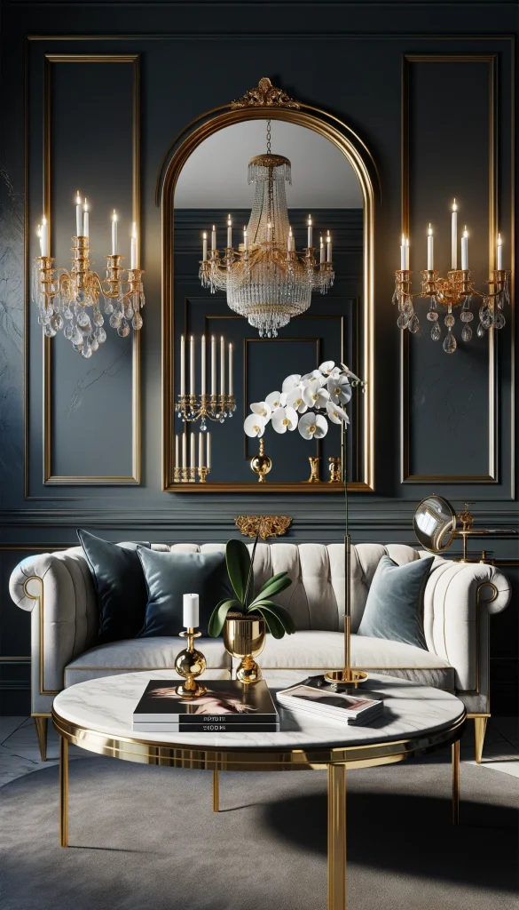 A luxurious living room scene featuring a marble sofa table with gold trim, set against a rich navy blue wall. The table is elegantly decorated with a large, gold-framed mirror above it, reflecting a crystal chandelier hanging from the ceiling. On the table, there are two gold candlesticks of varying heights, a small, elegant white orchid in a gold pot, and a few neatly stacked, high-end fashion magazines. The overall look is opulent yet tastefully understated, with the gold accents beautifully complementing the dark wall and marble table.