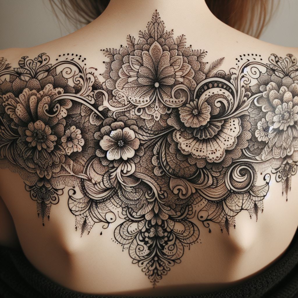 An intricate lace pattern tattoo that covers the back, resembling a delicate piece of fabric draped across the skin. The design features floral motifs and swirling lines that mimic the look of vintage lace. The tattoo is executed in black ink, with varying line thicknesses to create depth and texture. This elegant and feminine design enhances the natural curves of the back.