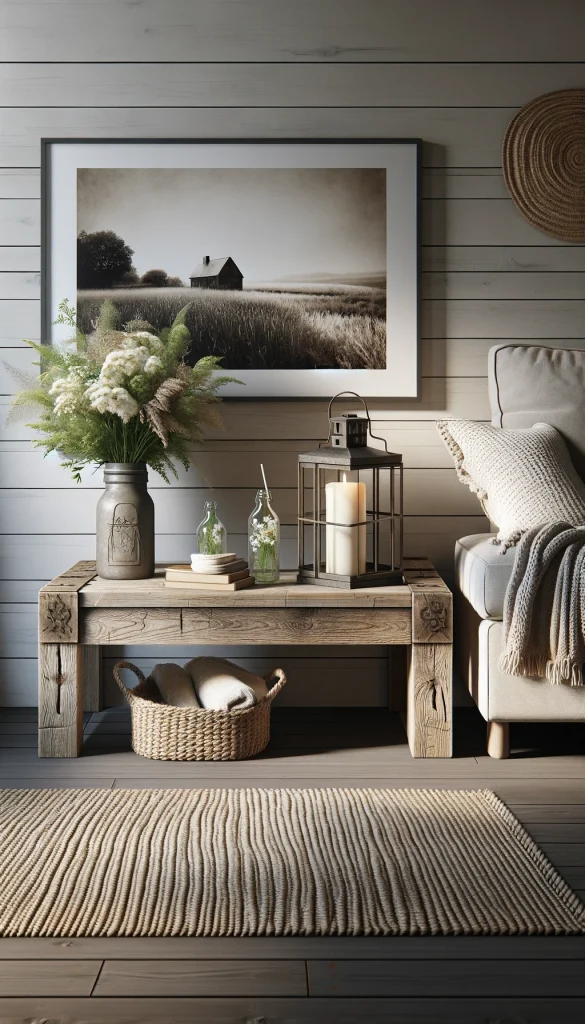 A modern farmhouse style living room, featuring a distressed wood sofa table against a shiplap wall. The table is decorated with a large, rustic metal lantern housing a white candle, a vintage glass bottle filled with fresh wildflowers, and a small, framed black and white photograph of a pastoral scene. A woven basket sits on the lower shelf of the table, holding an assortment of cozy, knitted throw blankets. The décor is complemented by a large, braided jute rug on the floor and a comfortable, neutral-toned sofa adjacent to the table, creating a warm and inviting space.