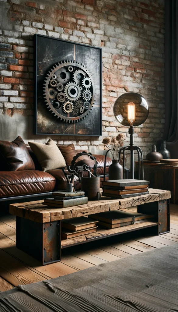 An industrial-themed living room with a sofa table made of raw, dark metal and reclaimed wood. The table is adorned with an array of industrial-style decorations, including a metal gear sculpture, a vintage Edison bulb lamp with a metal base, and a stack of weathered, hardcover books. A framed abstract metal art piece hangs on the exposed brick wall above the table, adding to the industrial vibe. The space is lit by warm, ambient lighting, highlighting the textures and materials used throughout the room, creating a cohesive and striking industrial aesthetic.