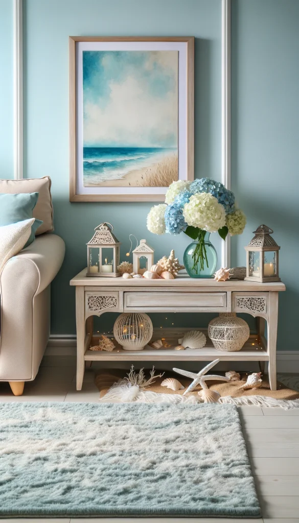A beach-themed living room featuring a light, sandy-colored sofa table against a pale blue wall, evoking the feeling of sea and sand. The table is decorated with a collection of seashells and starfish, a small, clear glass vase with white and blue hydrangeas, and a decorative lantern filled with fairy lights. A framed watercolor painting of the ocean hangs above the table, completing the beachy vibe. The décor is complemented by a soft, white shag rug on the floor and a light blue sofa with white and seafoam green throw pillows, creating a serene and inviting coastal retreat.