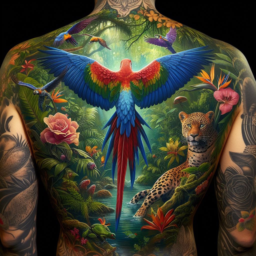 A back tattoo inspired by the vibrant wildlife of the Amazon rainforest, featuring a colorful macaw in flight at the center, surrounded by lush foliage, exotic flowers, and hidden animals like jaguars and tree frogs. The tattoo is rich in color and detail, capturing the essence of the rainforest's biodiversity. The scene is alive with movement, from the fluttering wings of the macaw to the subtle rustle of leaves, creating a dynamic and immersive design.
