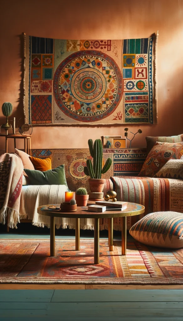 A bohemian-inspired living room with a colorful, mosaic-tiled sofa table set against a warm, terracotta-colored wall. The table is adorned with a variety of eclectic objects, including a brass candle holder with a flickering candle, a small potted cactus, and a stack of art books with vibrant covers. A large, woven tapestry hangs on the wall above the table, featuring bold, geometric patterns in earthy tones. Floor cushions and a low, wooden coffee table with a kilim rug underneath add to the relaxed, bohemian atmosphere, creating a cozy and artistic space.