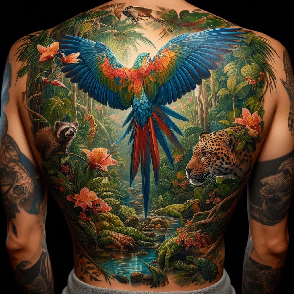 A back tattoo inspired by the vibrant wildlife of the Amazon rainforest, featuring a colorful macaw in flight at the center, surrounded by lush foliage, exotic flowers, and hidden animals like jaguars and tree frogs. The tattoo is rich in color and detail, capturing the essence of the rainforest's biodiversity. The scene is alive with movement, from the fluttering wings of the macaw to the subtle rustle of leaves, creating a dynamic and immersive design.