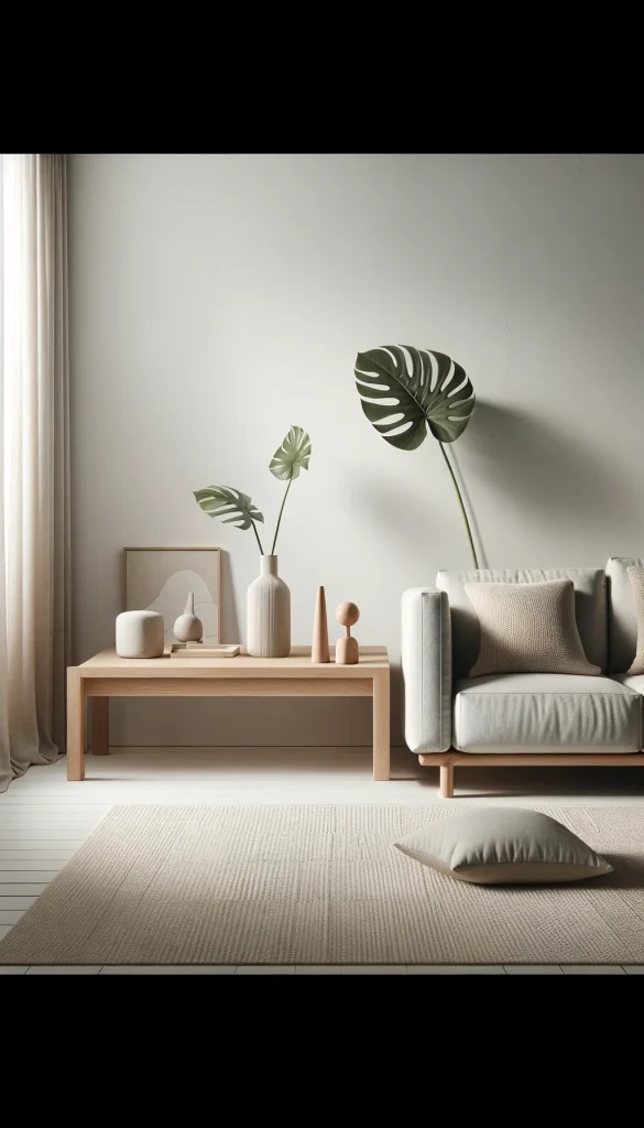 A Scandinavian-inspired living room featuring a sleek, light wood sofa table against a clean, white wall. The table is simply decorated with a minimalist ceramic vase holding a single, tall monstera leaf, and a set of three small, geometric wooden sculptures. A soft, neutral-toned wool rug lies beneath the table, and a comfortable, light gray sofa with plush cushions sits adjacent, creating a serene and inviting space. The room is bathed in natural light from large windows, enhancing the feeling of openness and simplicity.