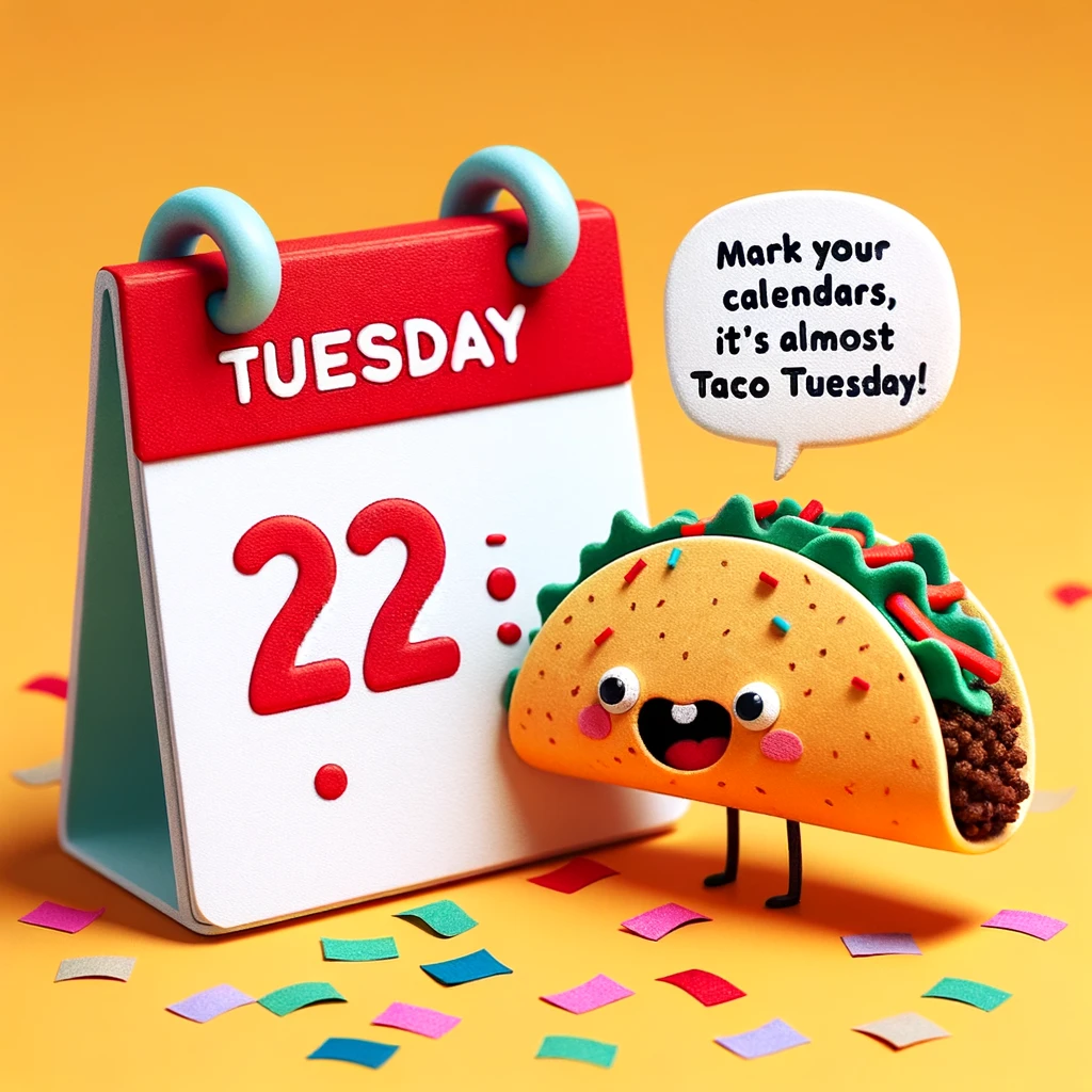 A playful image of a taco standing next to a calendar with Tuesday circled in red. The taco is animated with a face, looking excitedly at the circled date. Confetti is scattered around, suggesting a celebration. The caption says, "Mark your calendars, it's almost Taco Tuesday!"