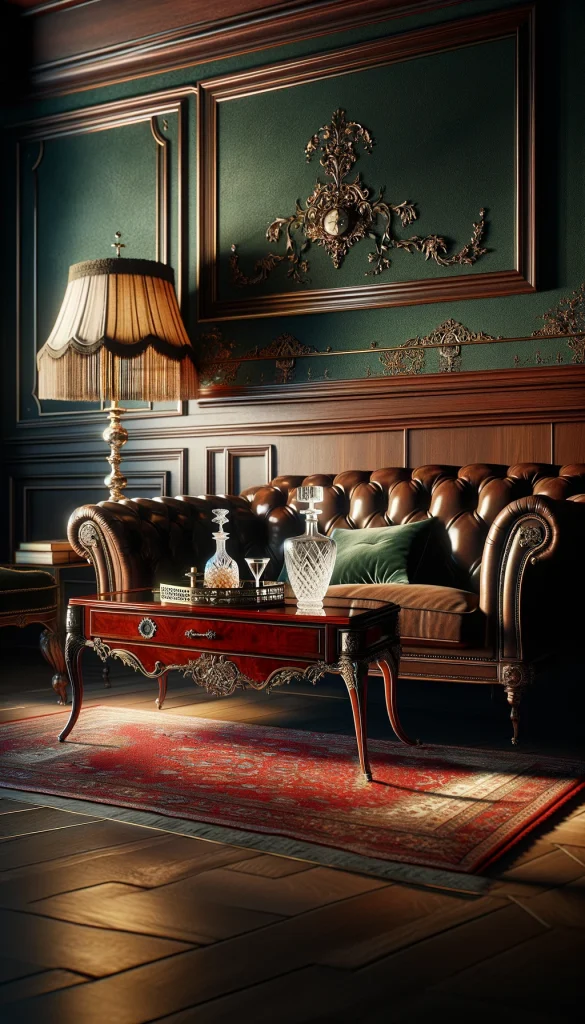 A vintage glamour living room featuring a polished mahogany sofa table against a dark green velvet wallpapered wall. The table is elegantly adorned with a crystal decanter set on a silver tray, a pair of vintage opera glasses, and a small, ornate gold clock. A luxurious, deep red Persian rug lies beneath the table, and a vintage, tufted leather sofa sits adjacent, adding to the sophisticated and opulent atmosphere. The room's ambiance is enhanced by the soft glow of a table lamp with a fringed shade, casting warm light and creating an inviting, cozy feel.
