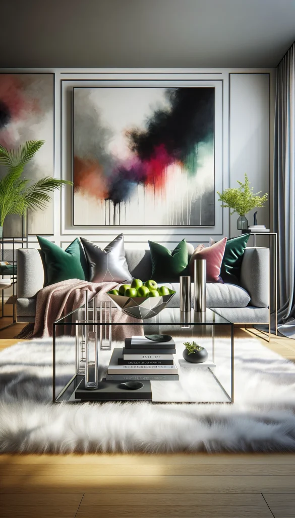 A contemporary chic living room with a glass sofa table against a backdrop of large, abstract paintings. The table is styled with sleek, modern accessories, including a silver geometric bowl filled with green apples, a set of minimalist candle holders, and a stack of contemporary art books. A plush, white shag rug under the table and a charcoal gray sofa with vibrant, colorful throw pillows complete the look, creating a space that's both sophisticated and welcoming. The room benefits from ample natural light, highlighting the bold colors and clean lines.