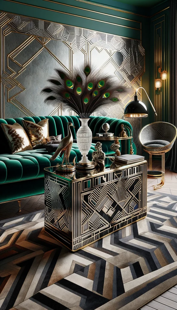An art deco inspired living room with a bold, geometric patterned sofa table against a wall adorned with metallic wallpaper. The table showcases an elegant, vintage crystal vase with peacock feathers, a sleek, chrome desk lamp, and a collection of art deco figurines. A luxurious, velvet sofa in a deep emerald green sits adjacent to the table, accented with gold and black throw pillows. The overall aesthetic is glamorous and sophisticated, with rich colors and intricate designs that pay homage to the art deco era.