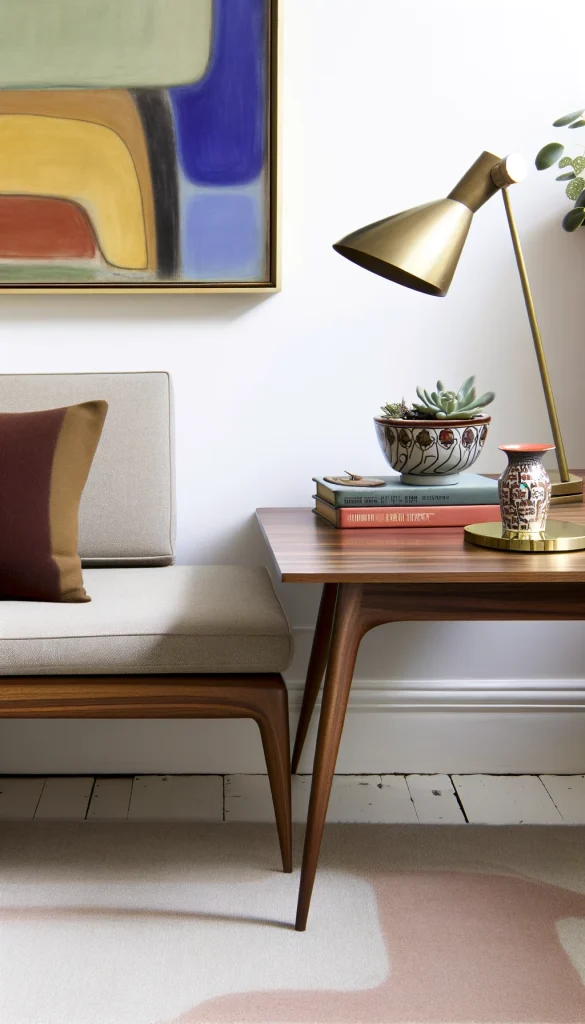 A mid-century modern living room with a simple, elegant sofa table made of warm walnut wood. The table is stylishly decorated with a mid-century ceramic planter filled with succulents, a vintage brass desk lamp, and a small collection of mid-century design books. A large, framed abstract painting in bold colors hangs on the wall above the table, complementing the room's aesthetic. The space is finished with a sleek, low-profile sofa in a soft, neutral fabric, adding to the timeless elegance of the mid-century modern style.