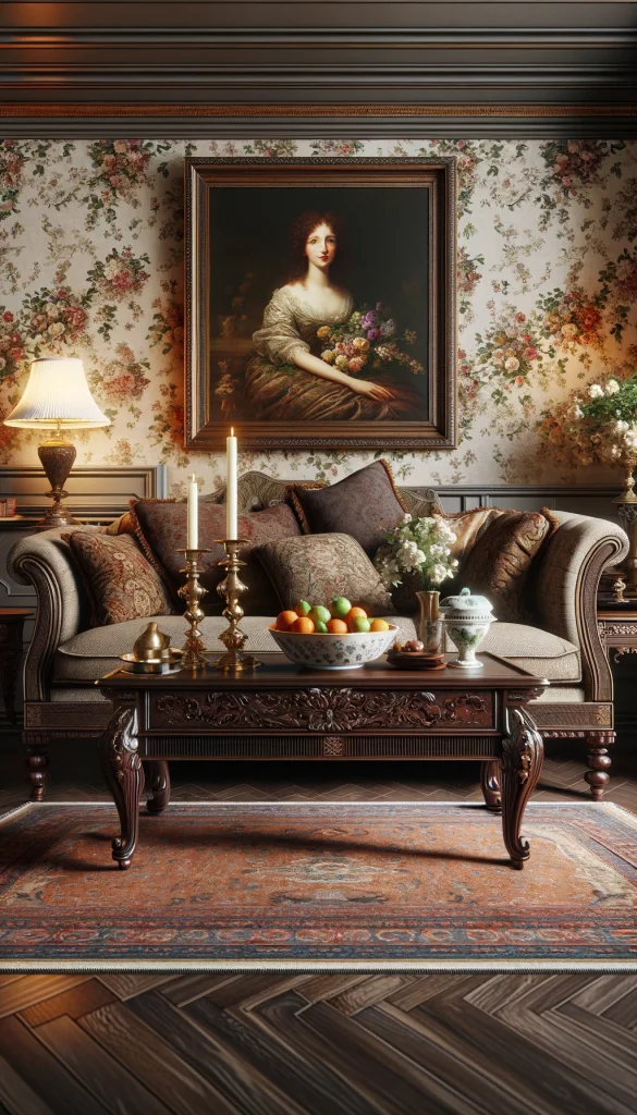 A traditional living room with a classic, dark wood sofa table set against a wall covered in floral wallpaper. The table is decorated with a pair of antique brass candlesticks, a porcelain bowl filled with fresh fruit, and a small, framed family portrait. A richly patterned oriental rug lies beneath the table, and a classic, upholstered sofa with decorative throw pillows adds to the room's warm, inviting atmosphere. The space is lit by a crystal chandelier, adding a touch of elegance and reflecting the traditional aesthetic of the room.