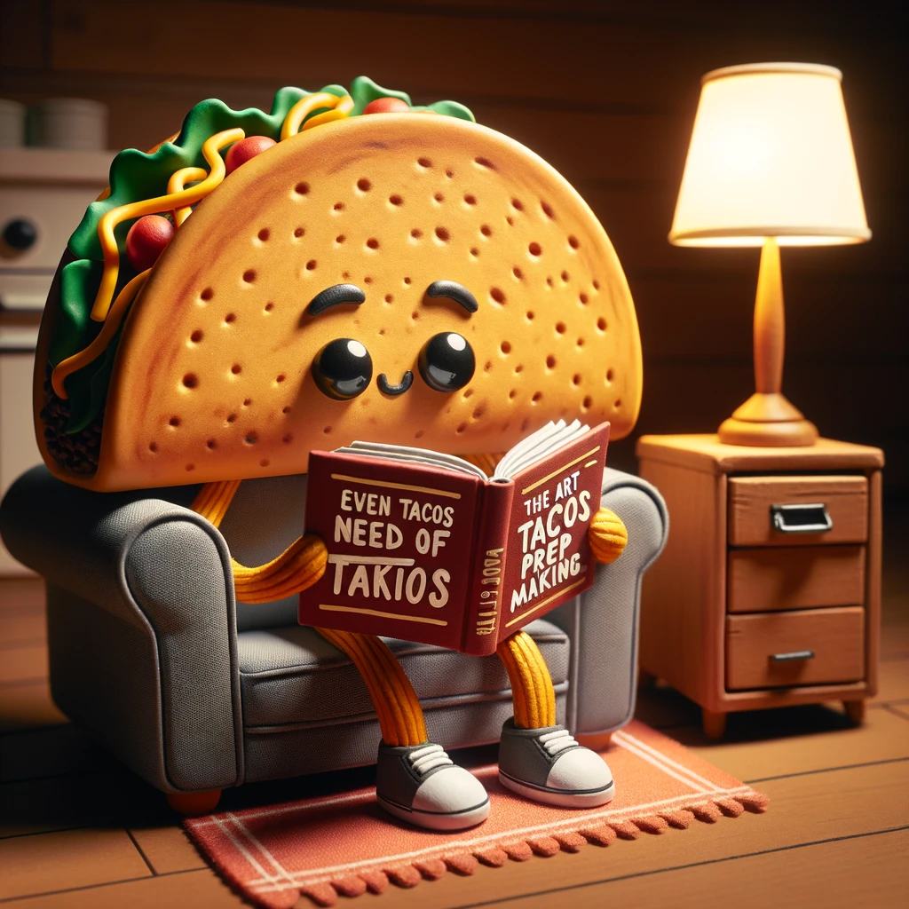 An image of a taco with cartoon eyes, sitting in an armchair, reading a book titled "The Art of Taco Making". The room has a cozy, warm ambiance, with a small lamp casting a soft light over the scene. A caption reads, "Even tacos need their Tuesday prep time."