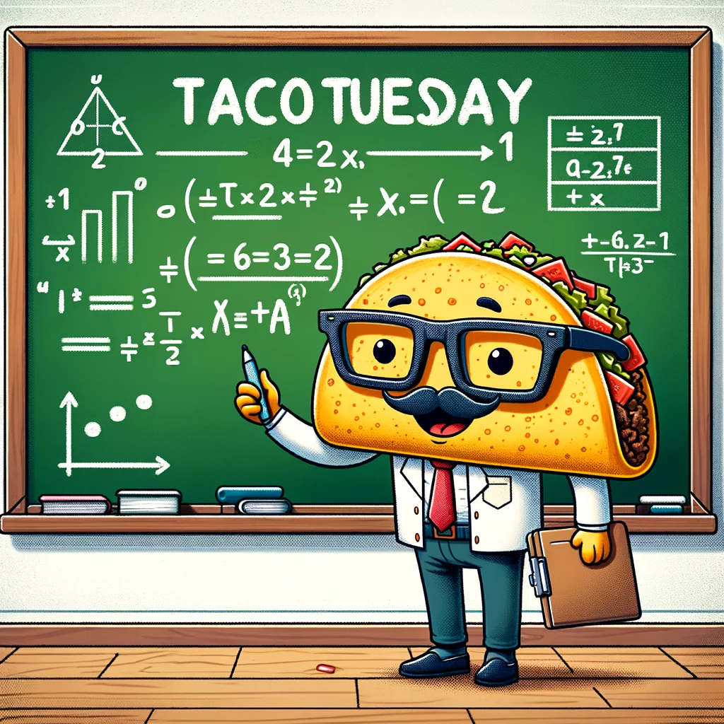 A cartoon taco wearing glasses and holding a clipboard, standing in front of a chalkboard with mathematical equations and a drawing of a taco. The scene suggests a classroom setting. The caption reads, "Calculating the perfect Taco Tuesday formula."