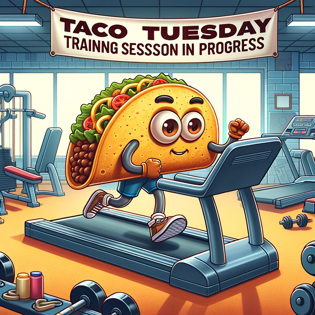 A scene depicting a taco with cartoon eyes and legs, running on a treadmill in a gym. The background is filled with gym equipment and other foods working out. A caption above the image reads, "Taco Tuesday training session in progress."