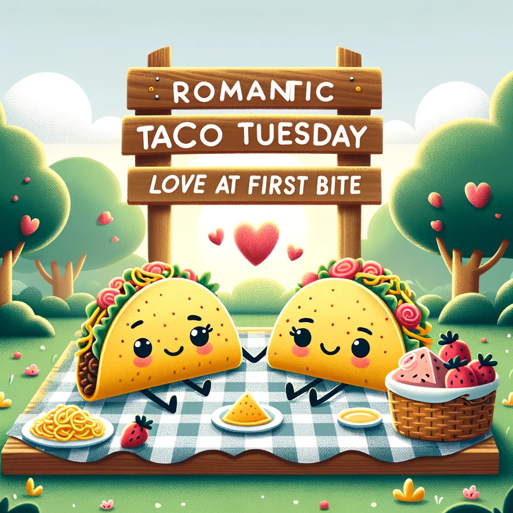 A playful image of two tacos having a picnic in a park, with a checkered blanket and a basket full of toppings. They are surrounded by nature, with trees and a sunny sky. A caption reads, "Romantic Taco Tuesday: Love at first bite."