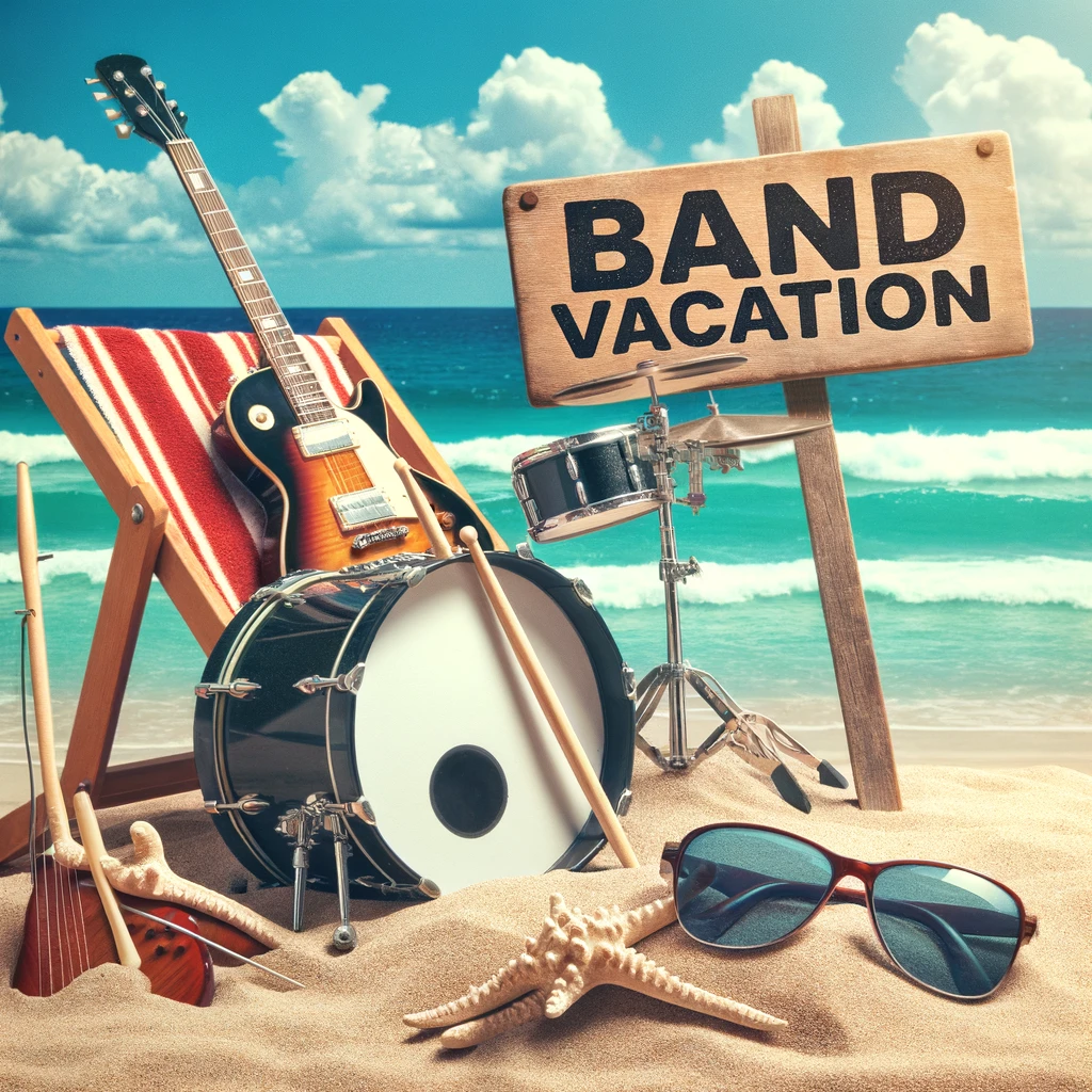 A playful image of a guitar and a drum set sunbathing on the beach, with sunglasses on, captioned, "Band vacation."